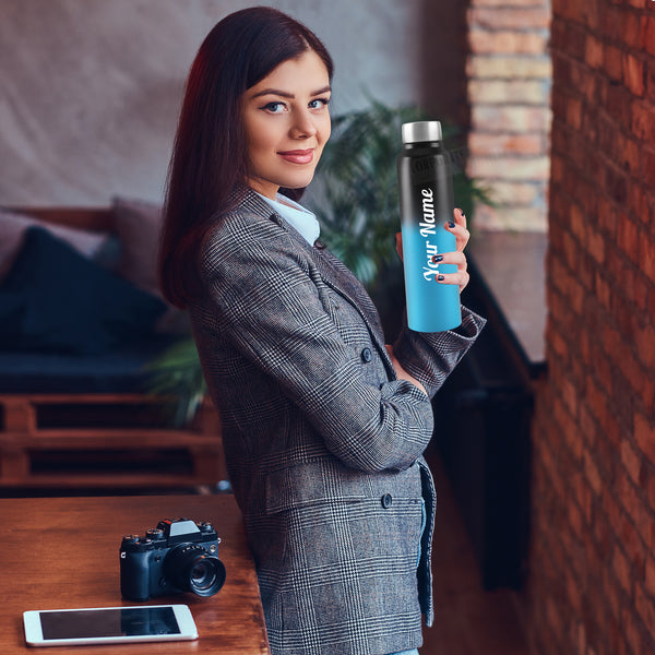 Gift Glow's Personalized Stainless Steel Bottle | 1L | Leakproof & Easy to Carry | Laser Engraved (Blue-Black Edition)