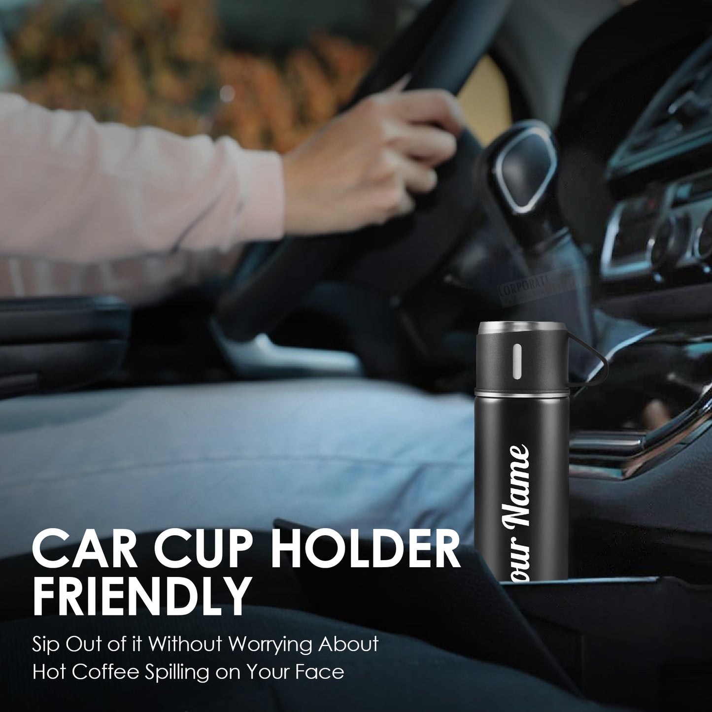 Gift Glow’s Personalized Stainless Steel Thermal Flask | 8 Hours Hot & Cold | Set (500ml) – Black Edition { Best For Corporate Gifting }