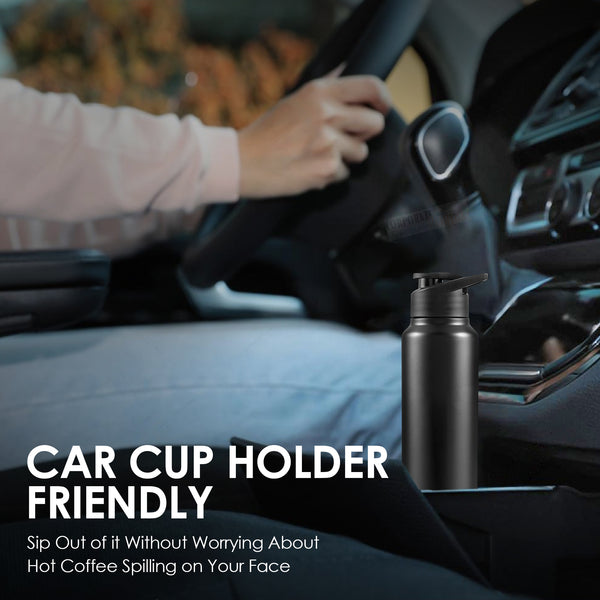 Stainless Steel Bottle 1L | Leak-Proof | GiftGlow | (Black Straight-Top Sipper)