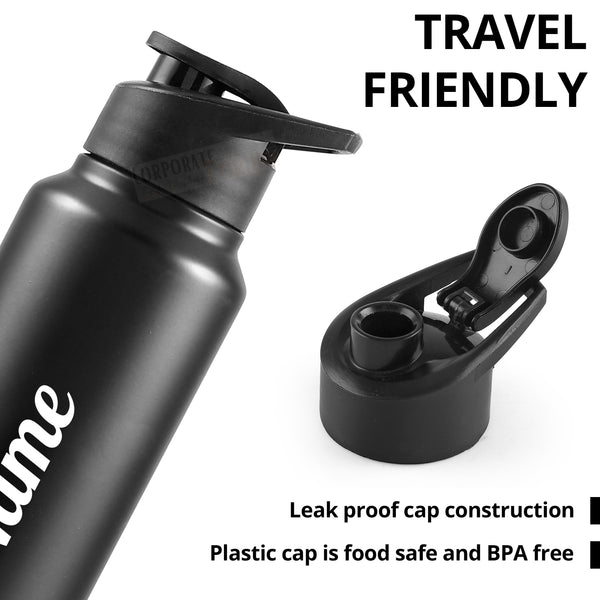 Personalized Stainless Steel Bottle 1L | Leak-Proof | GiftGlow | (Straight Black Edition)