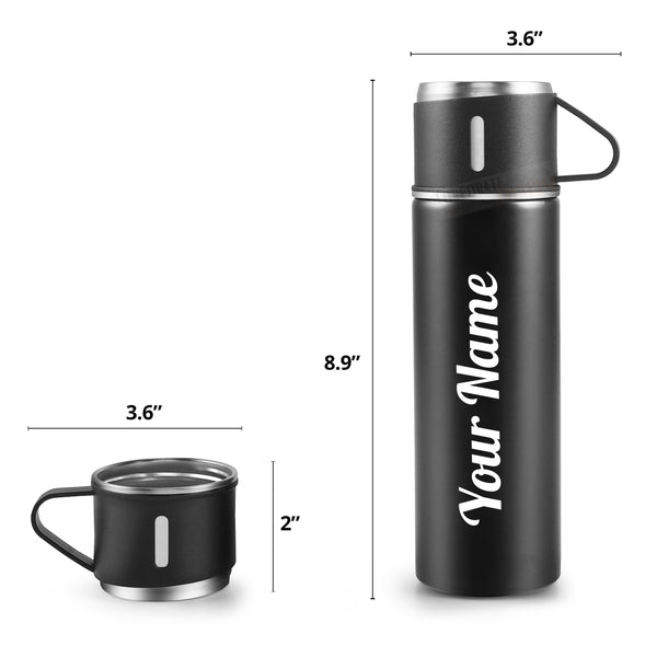 Gift Glow’s Personalized Stainless Steel Thermal Flask | 8 Hours Hot & Cold | Set (500ml) – Black Edition { Best For Corporate Gifting }