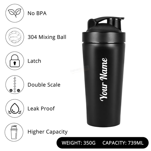 Gift Glow's Personalized Stainless Steel Black Gym Shaker | 700ml Leakproof Bottle | BPA-Free for Supplements