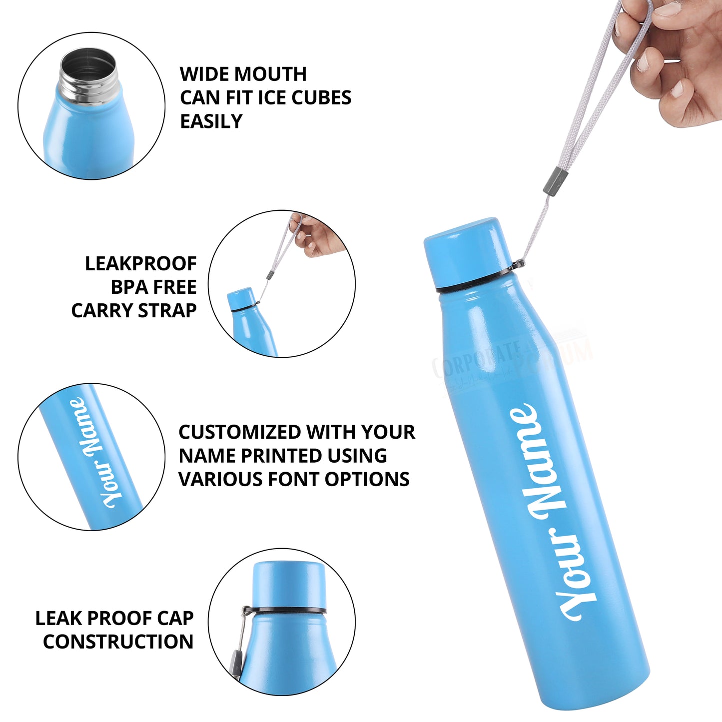 Personalized Stainless Steel Sky Blue Bottle | 1L | Leakproof & Easy to Carry | Laser Engraved Gift