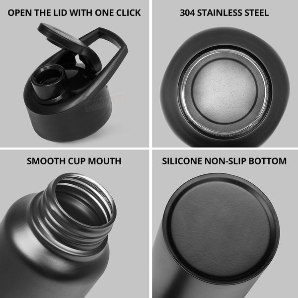 Stainless Steel Bottle 1L | Leak-Proof | GiftGlow | (Black Straight-Top Sipper)