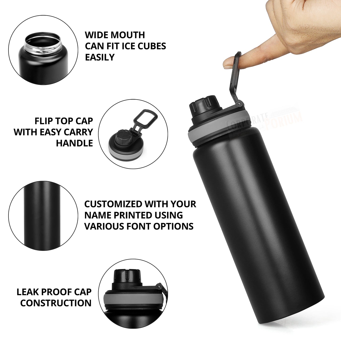 Stainless Steel Bottle 1L | Leak-Proof | GiftGlow | (Black Sipper Edition)