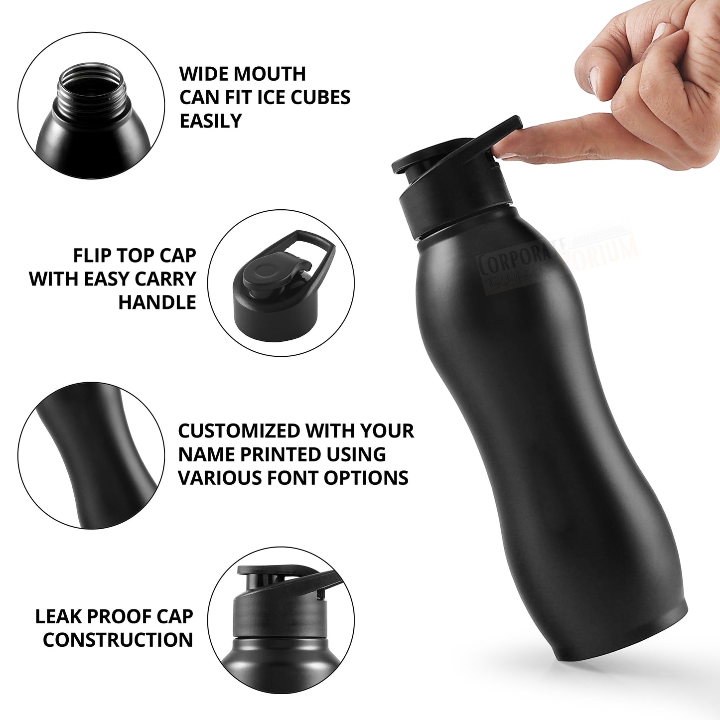 Stainless Steel Bottle 1L | Leak-Proof | GiftGlow | (Black Top Sipper Edition)