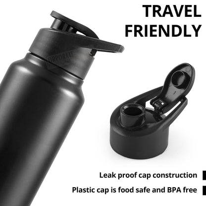 Stainless Steel Bottle 1L | Leak-Proof | GiftGlow | (Black Straight-Top Sipper)