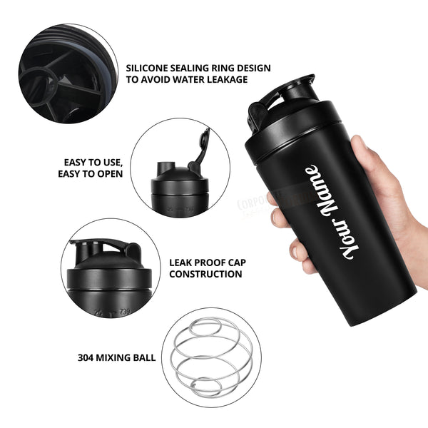 Gift Glow's Personalized Stainless Steel Black Gym Shaker | 700ml Leakproof Bottle | BPA-Free for Supplements