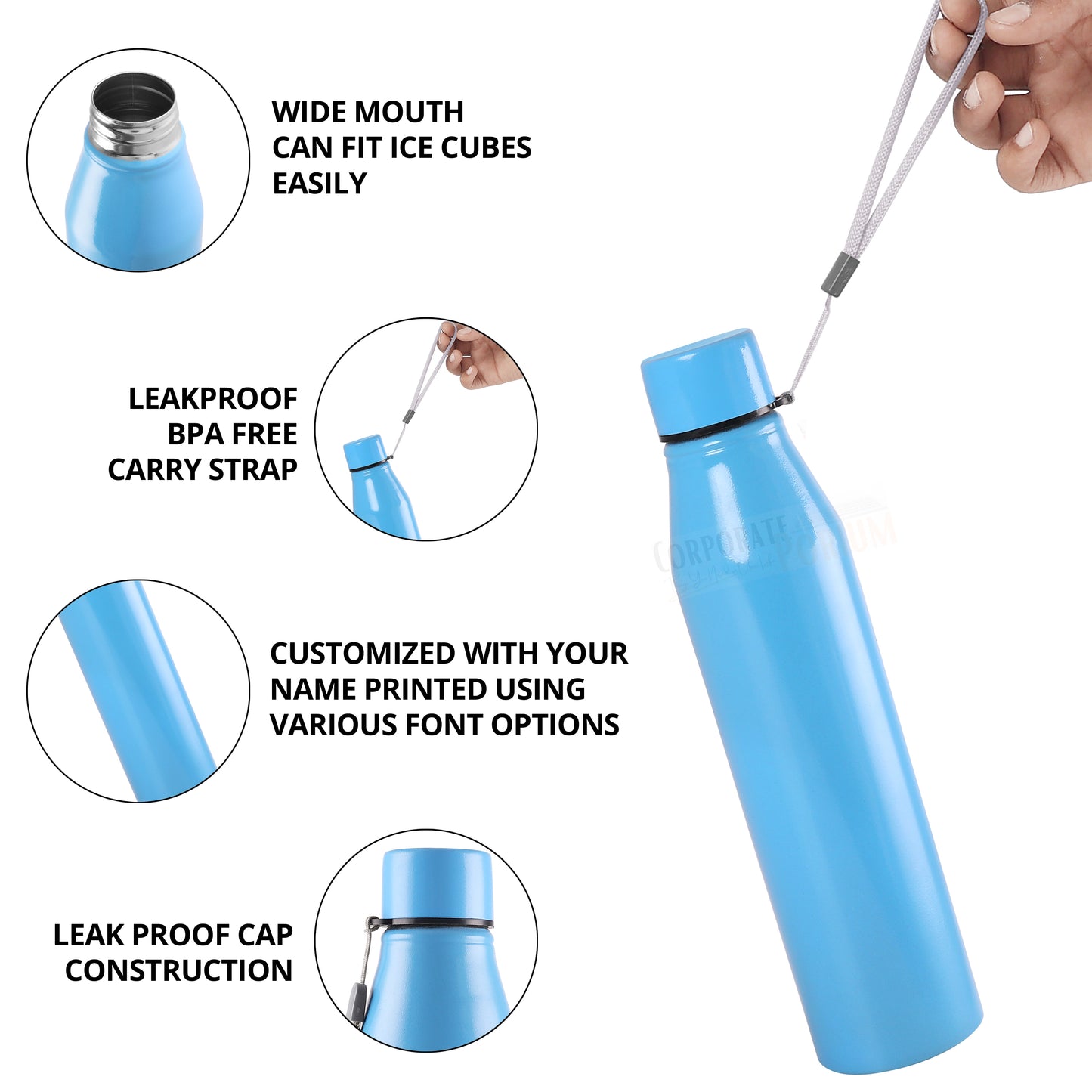 Stainless Steel Bottle 1L | Leak-Proof | GiftGlow | (Sky-Blue Edition)