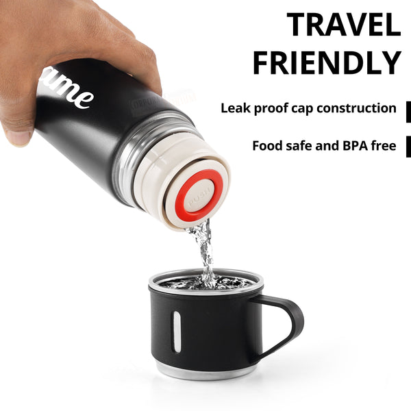 Gift Glow’s Personalized Stainless Steel Thermal Flask | 8 Hours Hot & Cold | Set (500ml) – Black Edition { Best For Corporate Gifting }