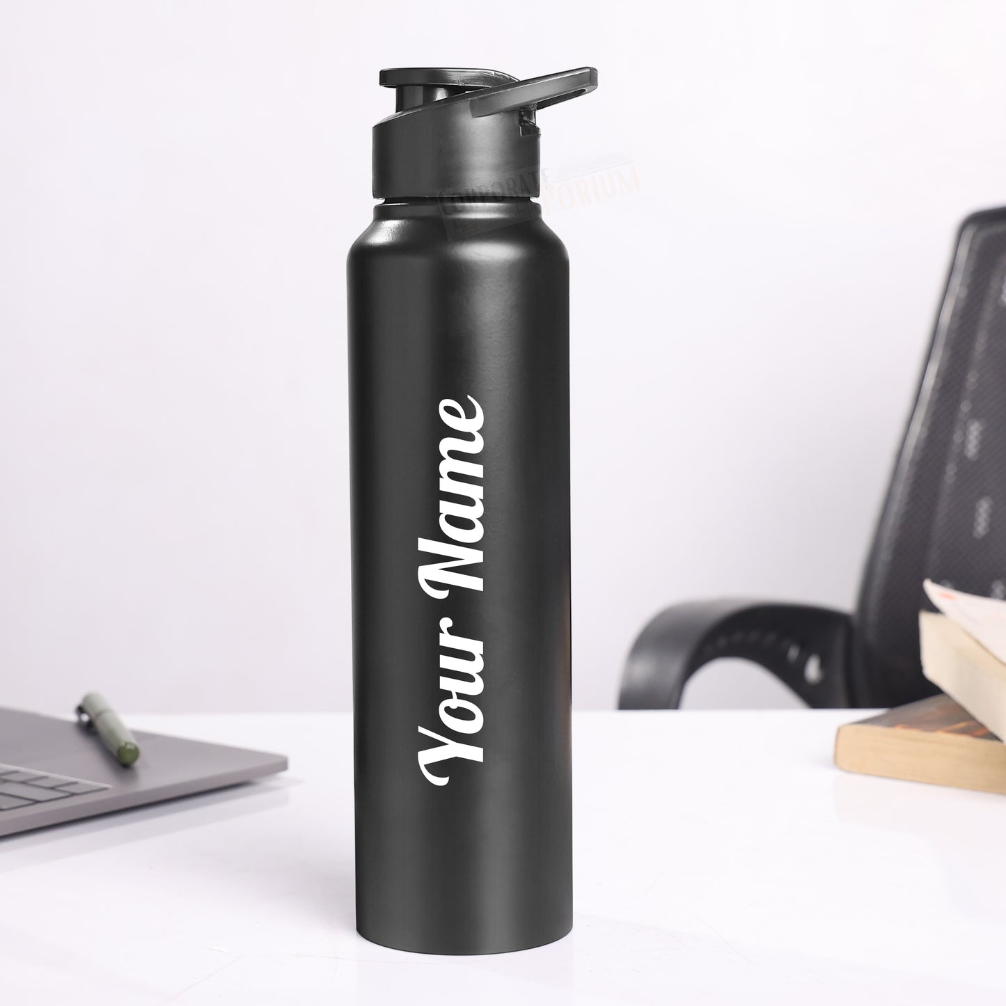 Personalized Stainless Steel Bottle 1L | Leak-Proof | GiftGlow | (Straight Black Edition)
