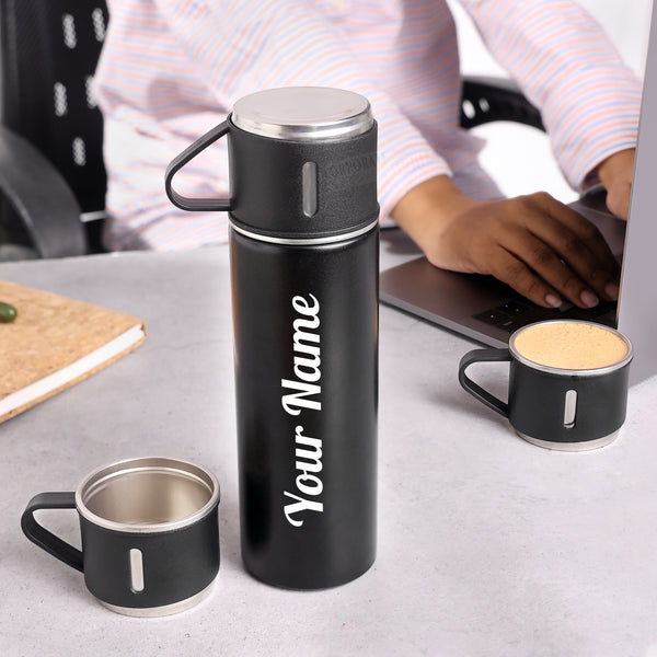 Gift Glow’s Personalized Stainless Steel Thermal Flask | 8 Hours Hot & Cold | Set (500ml) – Black Edition { Best For Corporate Gifting }
