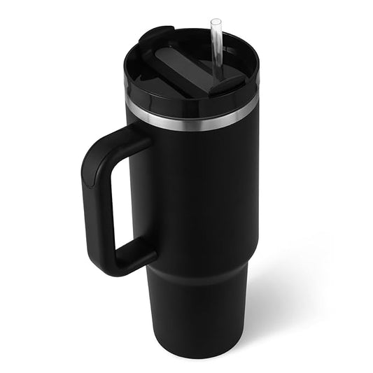 40 Oz Black Tumbler with Handle & Straw | Leak-Proof | GiftGlow