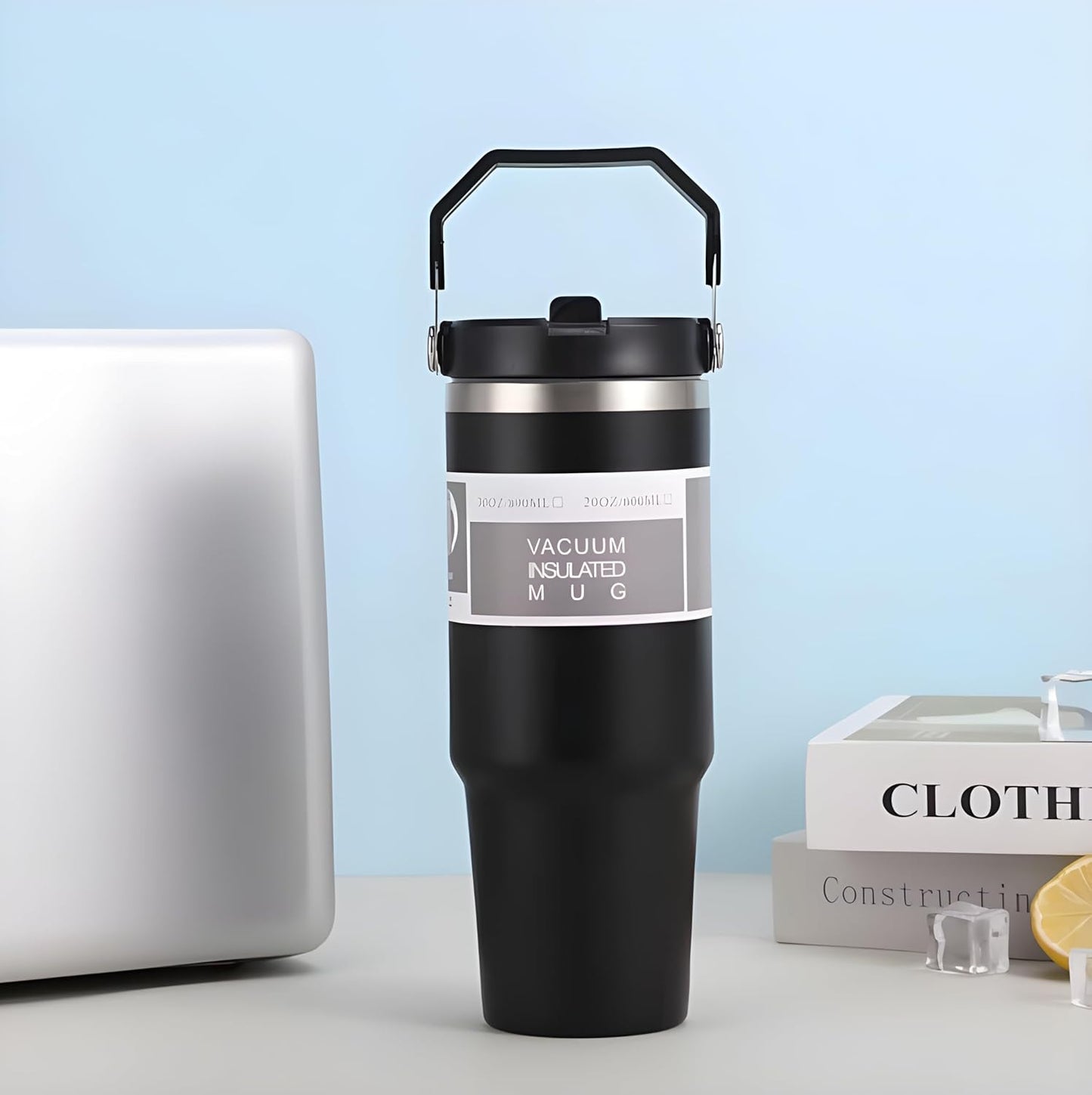 890 ml Double-Wall Travel Mug with Handle & Straw | GiftGlow