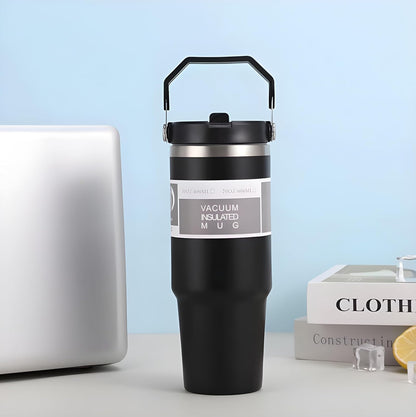 890 ml Double-Wall Travel Mug with Handle & Straw | GiftGlow